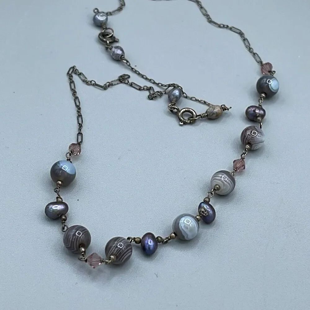 Sterling silver fresh water pearls ,agate & pink hand cut crystals necklace 18”.